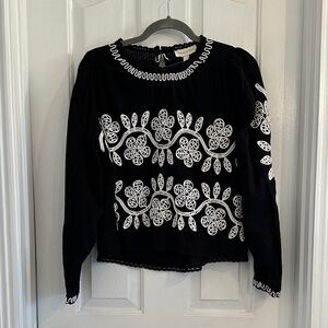 Embroidered Black Long-Sleeve Peasant Blouse